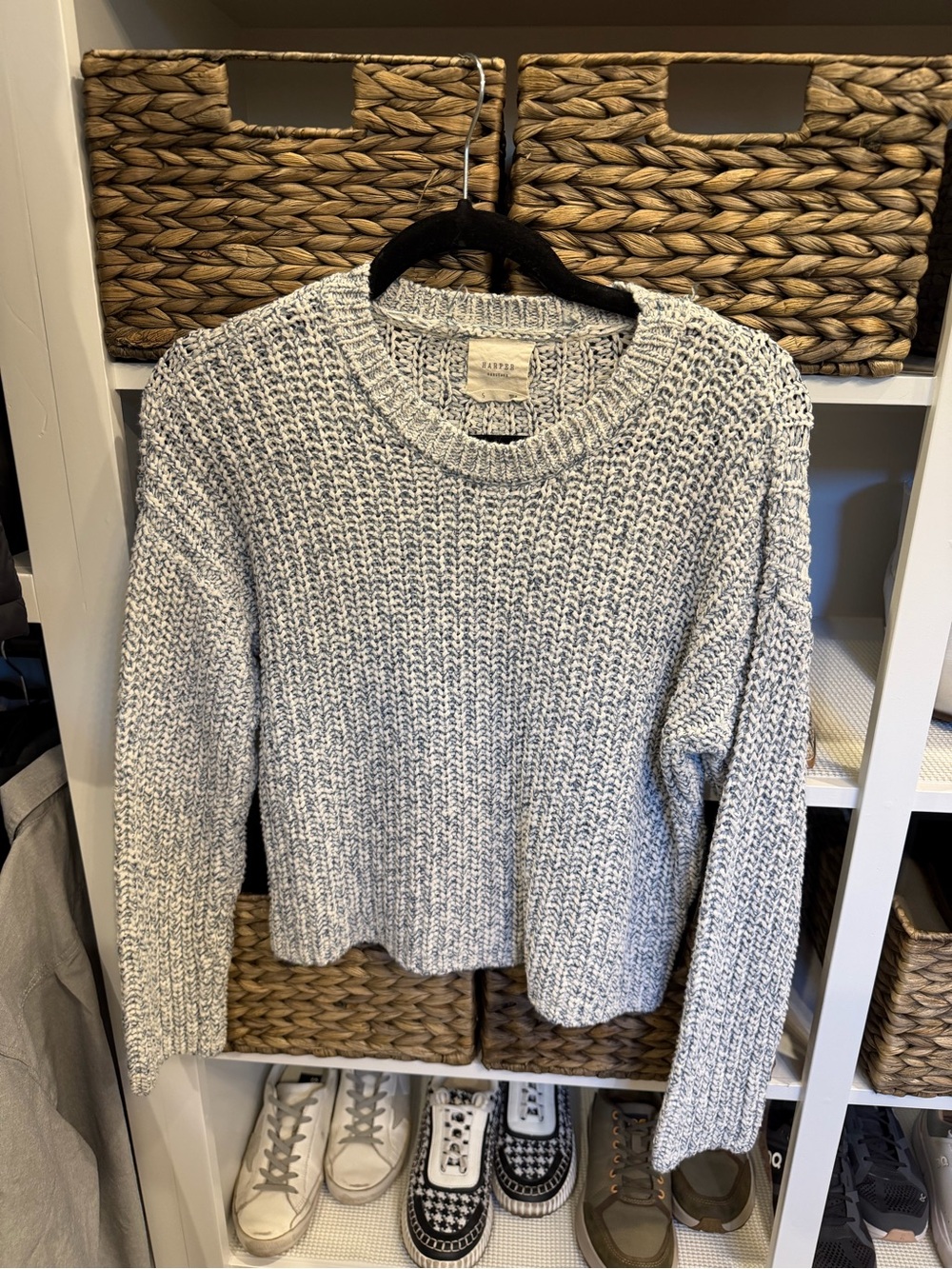 Harper Marled White and Blue Crewneck Sweater